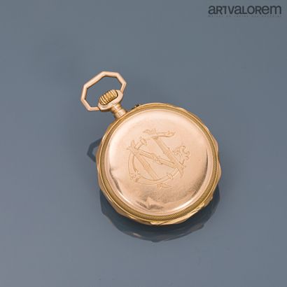 null Pocket watch in yellow gold 750°/°°, white enamelled dial with Arabic numerals...