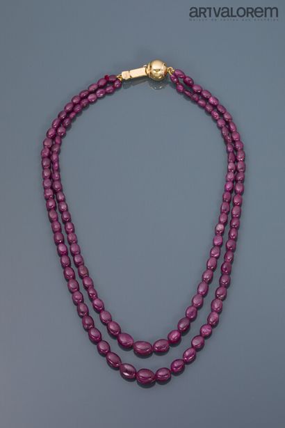 null Necklace composed of two rows of oval pearls in fall of ruby root, yellow gold...