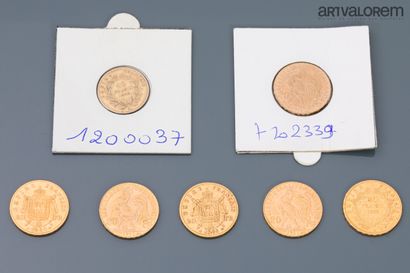 null 5 pièces de 20 francs or : 3 au coq ( 1911, 1912), Napoléon tête nue (1857),...
