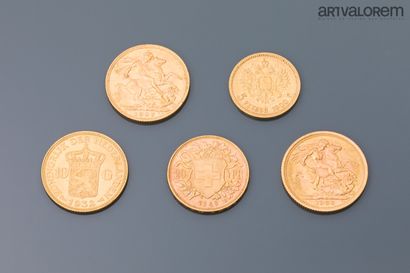 null One 20 franc Swiss gold coin (1949), one 10 gulden gold coin (1932), two gold...