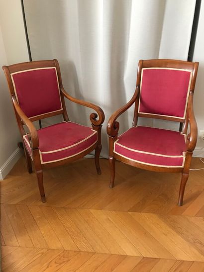 null Pair of armchairs in natural wood with scrolled arms and front legs, red cotton...