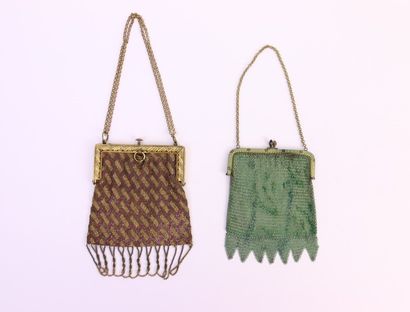 Two gilded metal purses, one with green mesh...