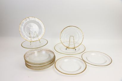 null Glass cake set with gold edging including 11 plates, a dish and a plate.
