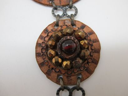 null Necklace with double round pattern in leather decorated with fancy stones and...