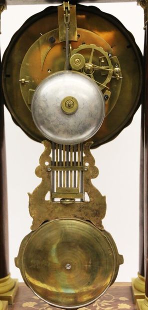null Portico clock in veneer with four columns in rosewood veneer inlaid with floral...