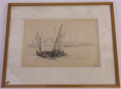 null Lot of 2 framed drawings including:

- School XXth

Sailing boat in front of...