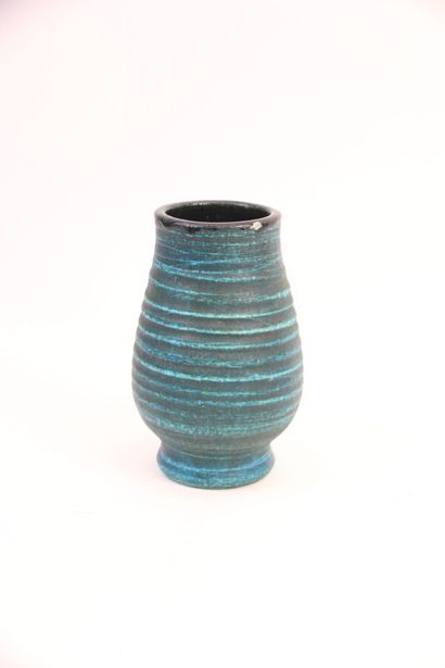 null ACCOLAY. Stoneware vase on heel with large and chubby body enamelled blue and...