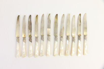 null Set of 12 small knives, silver blade and mount and mother-of-pearl handle. Minerve...