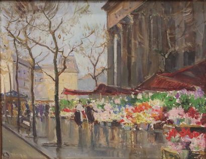 null Early 20th century school. 

The Flower Market at the Madeleine

Oil on panel....