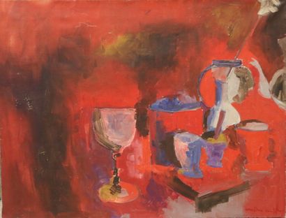 null Jean-Pierre JOUFFROY (1933-2018). 

Still life with glass. 

Oil on canvas signed...