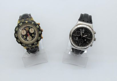 null SWATCH

Two chrono watches one in metal and the other in plastic.

used leather...