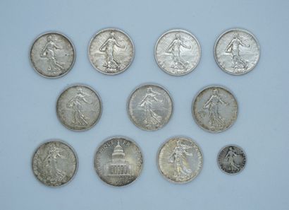 null France, 9 silver coins of 5 francs Semeuse 1960 x3, 1961, 1962, 1963 x2, 1964,...