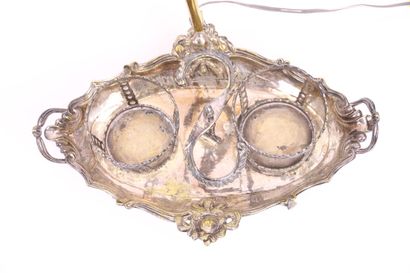 null Silver plated metal set including: a tray with openwork border with two handles,...