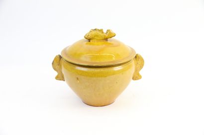 null VALLAURIS. 

Soup tureen in ochre enamelled stoneware, the holds in the shape...