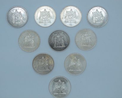 null France, 10 pièces de 50 francs en argent, modèle Hercule. Années 1974, 1975,...