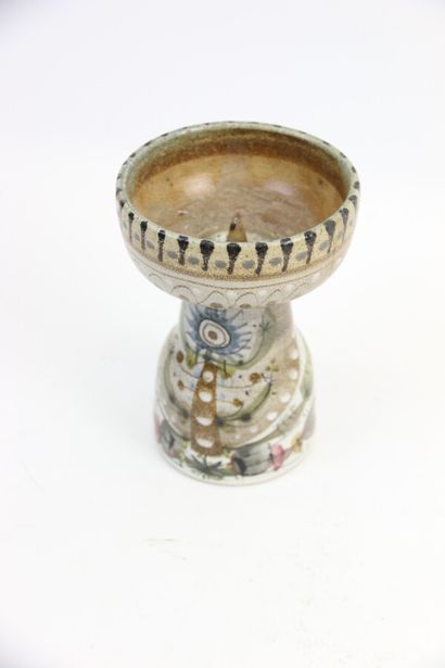 null KERALUC Quimper. 

Enamelled stoneware candle stick with geometric and stylised...