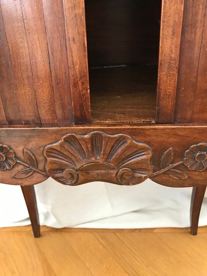 null Carved oak bedside table with shell and flower decoration, openwork heart on...