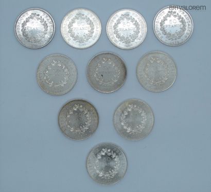 null France, 10 silver 50-franc coins, Hercules model. Years 1974, 1975, 

1976 x2,...