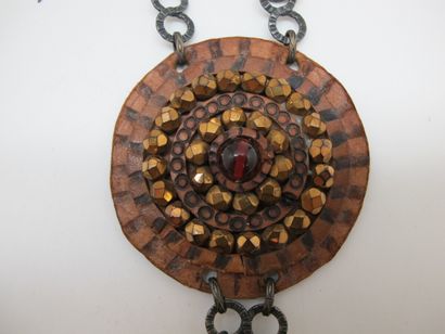 null Necklace with double round pattern in leather decorated with fancy stones and...
