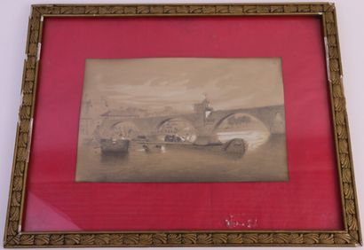 null Lot of 2 framed drawings including:

- School XXth

Sailing boat in front of...
