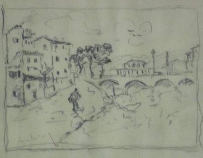 Attribué à OLIVA Abel Marius(1904-1977) « Vue de village animé » Dessin au fusain...