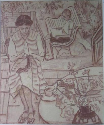 Anonyme "Femme tricottant et d'un garçon lisant" sanguine, dim: 47 x 39 cm