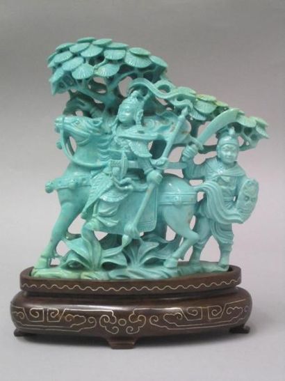 null Groupe en turquoise sculptée de deux guerriers l'un sur son cheval et l'autre...