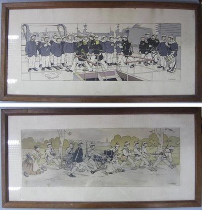Henry Gervèse (1880- 1959) "La revue" et " le canon" lithographie, dim: 37 x 83 cm....