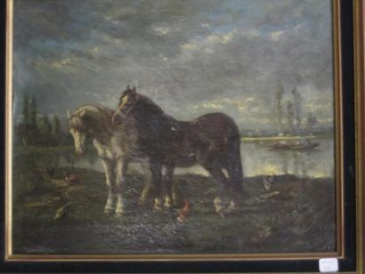 ECOLE FRANCAISE DU XIXe « Deux chevaux à la rivière », huile sur toile, signature...