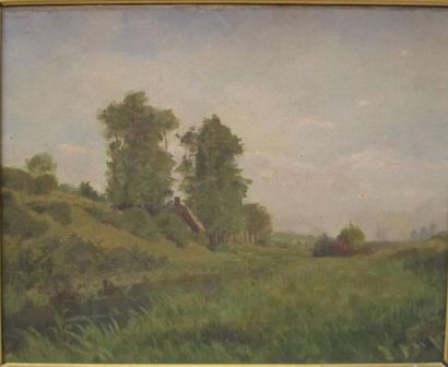 ECOLE FRANCAISE DU XIXe « Paysage normand » Huile sur toile, cadre en bois et stuc...