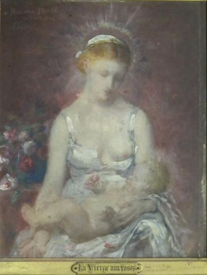 Autriche PANOT (1831- 1894) « La vierge aux roses » huile sur panneau signé et daté...