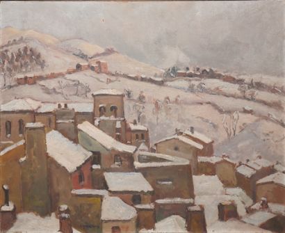 null LEPREUX Albert, 1868-1959, Village sous la neige, huile sur carton (petit manque),...