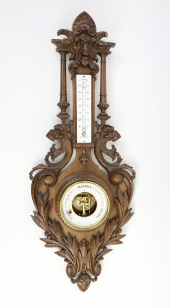 null Baromètre thermomètre en bois sculpté de dragons. 

XIXe siècle, style néo-Renaissance....