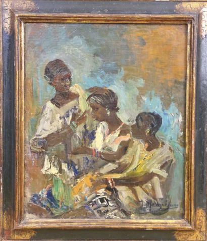 null Juanita MARQUEZANE (1868-1931)

Trois femmes au marché

Huile sur toile contrecollée...