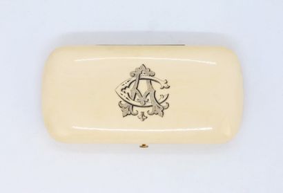 null Ivory sewing set engraved with the monogram AC on the lid including: a thimble,...