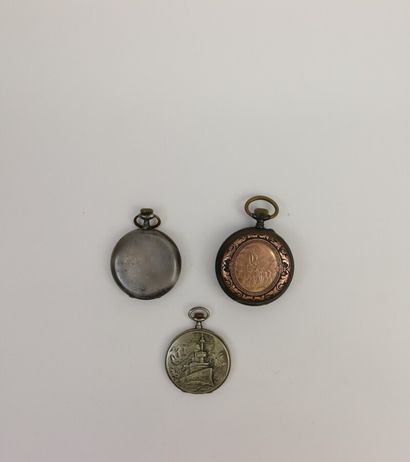 null Steel and brass pocket watch, the cover with embossed decoration of a hunter...