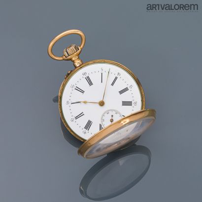 null Pocket watch in yellow gold 750°/°°, white enamelled dial with Roman numerals,...