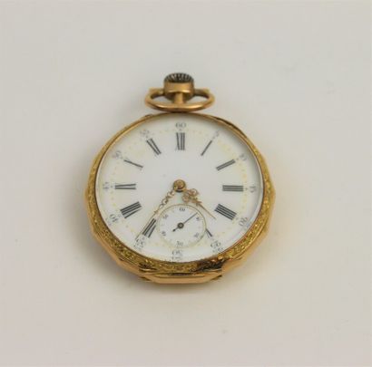 null Yellow gold 750°/°° pocket watch, white enamelled dial with Roman numerals,...