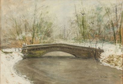 null Pieter TEN CATE (1869-1937). 

Paysage hivernale au pont, 1899. 

Crayon et...