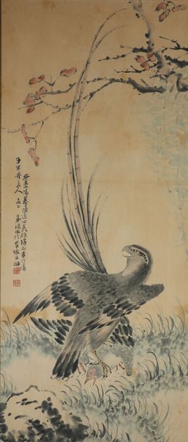 null CHINE XVIIIème-XIXème siècle 

Aigle sur sa proie. 

Peinture sur papier contrecollé,...