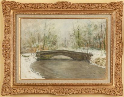 null Pieter TEN CATE (1869-1937). 

Paysage hivernale au pont, 1899. 

Crayon et...