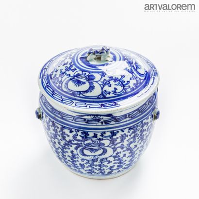 null CHINE, XIXème siècle. 

Pot couvert en porcelaine émaillée blanc bleu à décor...