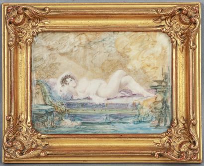 null Ecole du XIXème siècle. 

Femme nue allongée. 

Miniature sur ivoire. 

11 x...