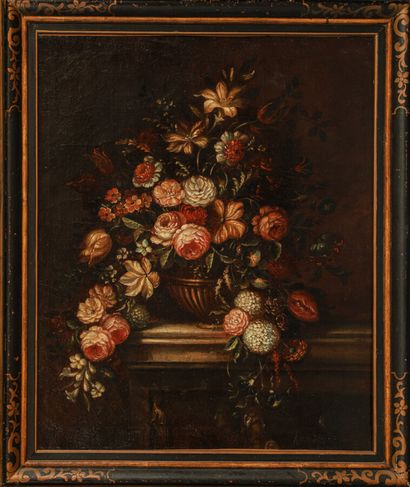 null Ecole flamande du XIXème siècle. 

Bouquet d'oeillets, roses, tulipes et lys...