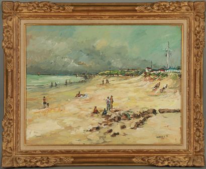 null L.P LAVOINE (1916-1999) 

Animated Beach, Trouville. 

Oil on paper, mounted...
