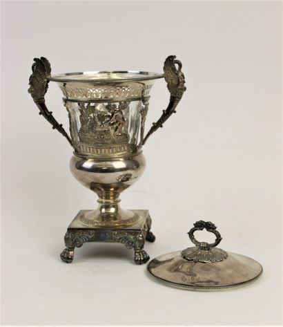 null Silver jam jar 950°/°° in the form of a baluster vase with openwork decoration...