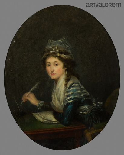 null École française de la fin du XVIIIème siècle. 

Portrait ovale de femme écrivant....