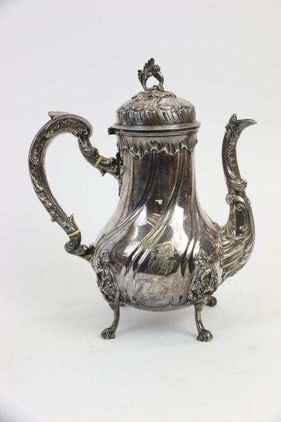 null Teapot and its sugar bowl in silver 950°/°° with twisted ribs, engraved with...