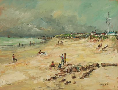 null L.P LAVOINE (1916-1999) 

Animated Beach, Trouville. 

Oil on paper, mounted...