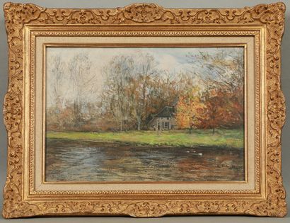 null Pieter TEN CATE (1869-1937). 

Autumnal landscape with a lake. 

Gouache on...